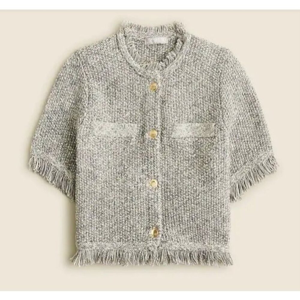 J.Crew Cropped fringe-trim lady‎ jacket in marled yarn grey ivory preppy sz Xs